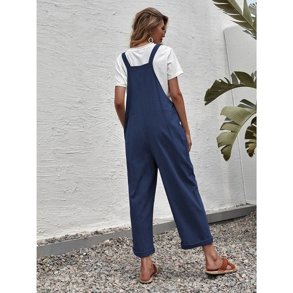 Suspender Style Overalls Wide Leg Jumpsuit with pockets boho olive green - Picture 10 of 11